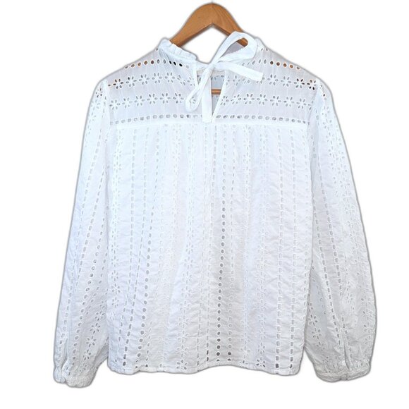 J. Crew | High Neck Long Sleeve White Eyelet Blouse | Size Medium - Picture 9 of 16